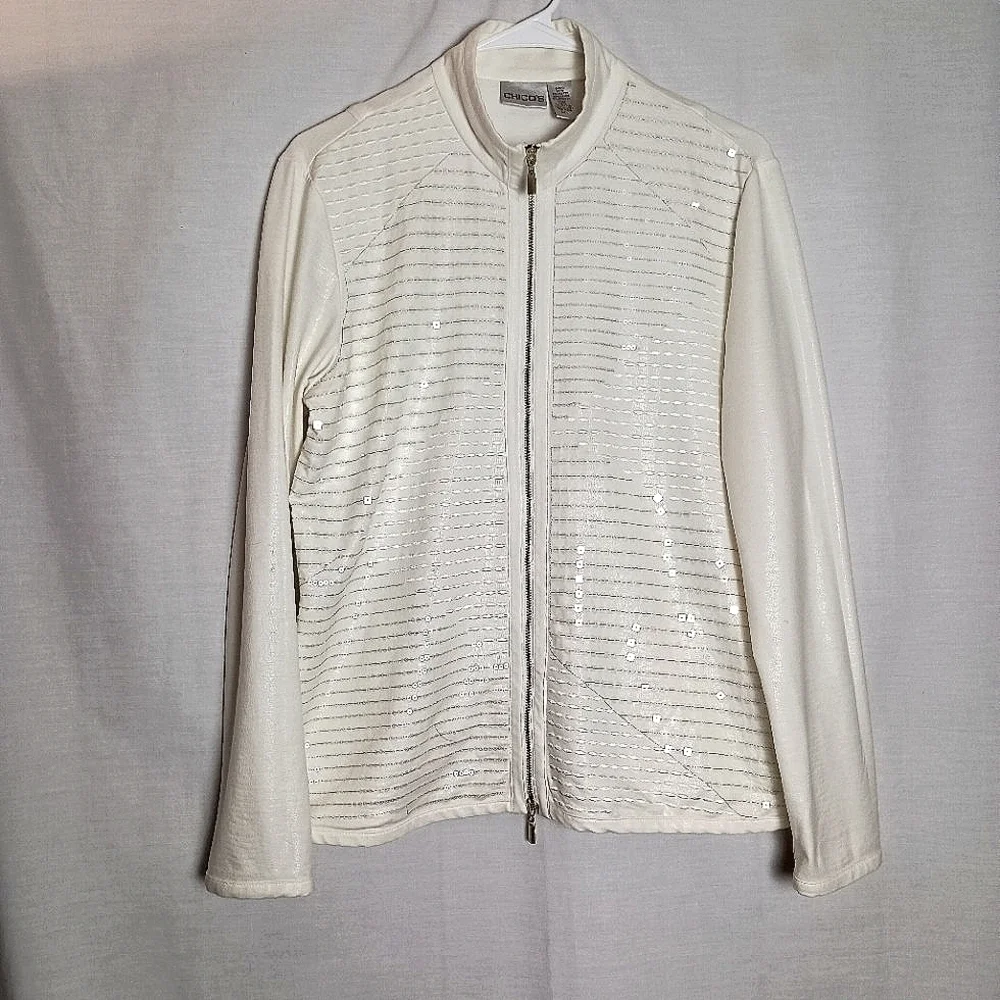 Chico's Women's Ivory Sequined 2 Way  Zip Up Long Sleeve Shirt Jacket  Size 1
